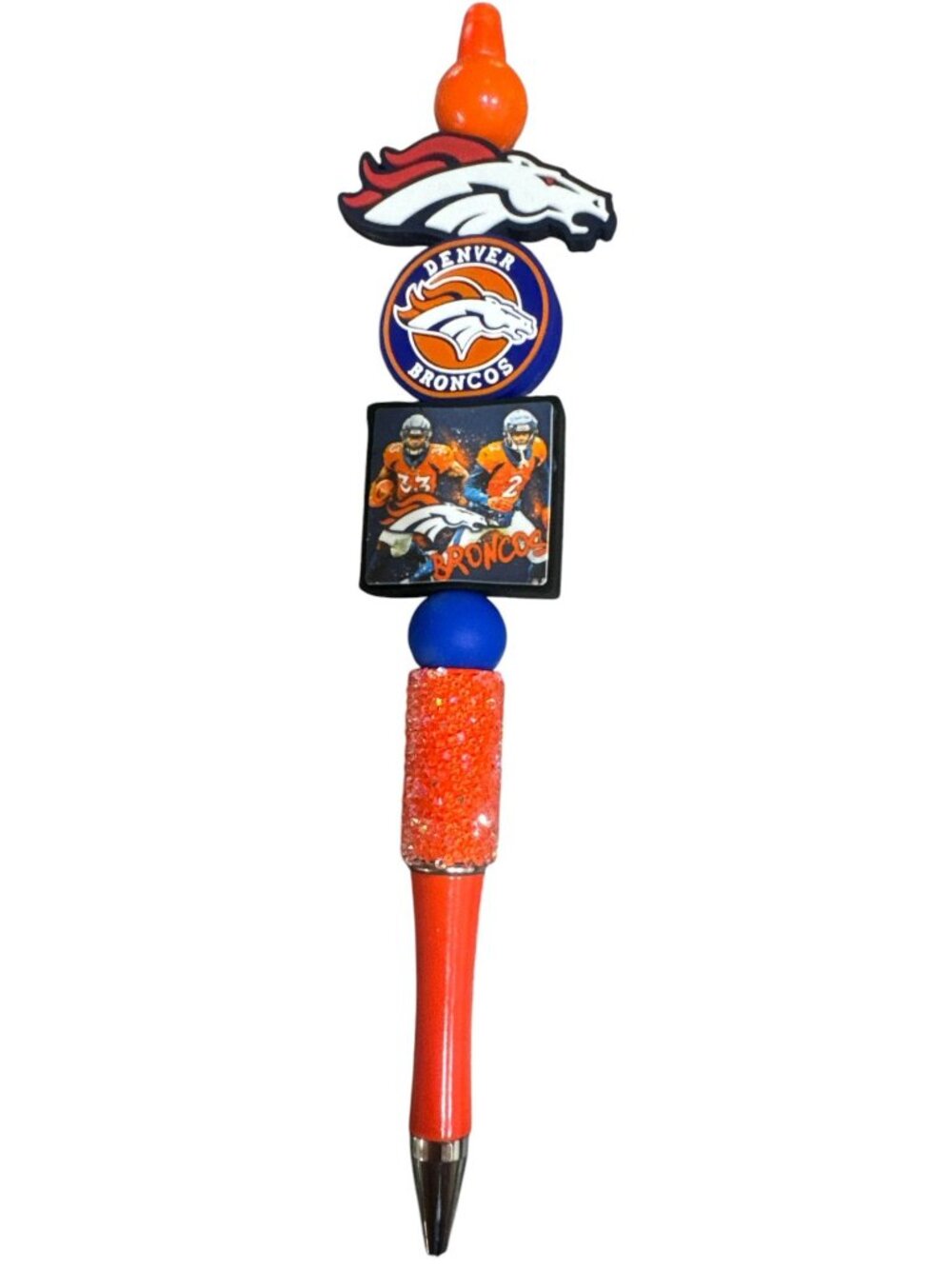 Denver Broncos Football Pen With Glitter Accent & Logo Beads - Great For Fans &